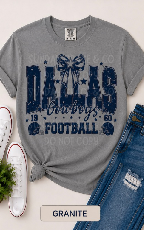 Vintage Blue Football Bow Tee | Comfort Colors Tee